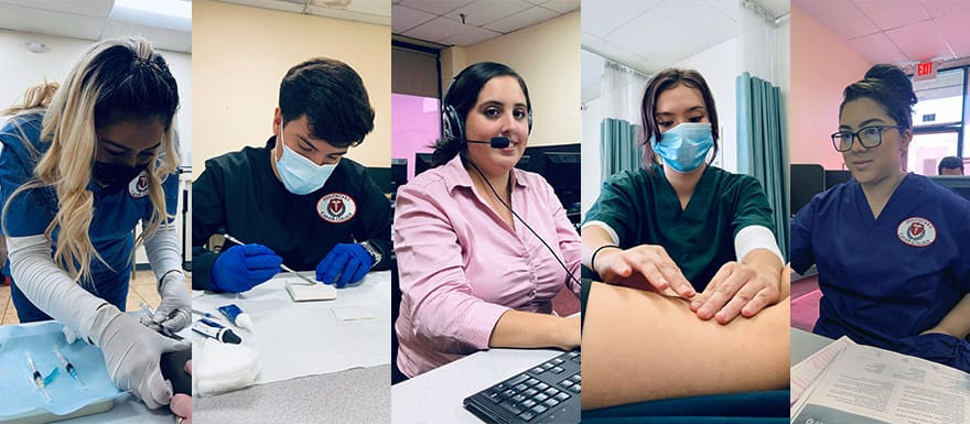 Five different students practicing healthcare techniques.