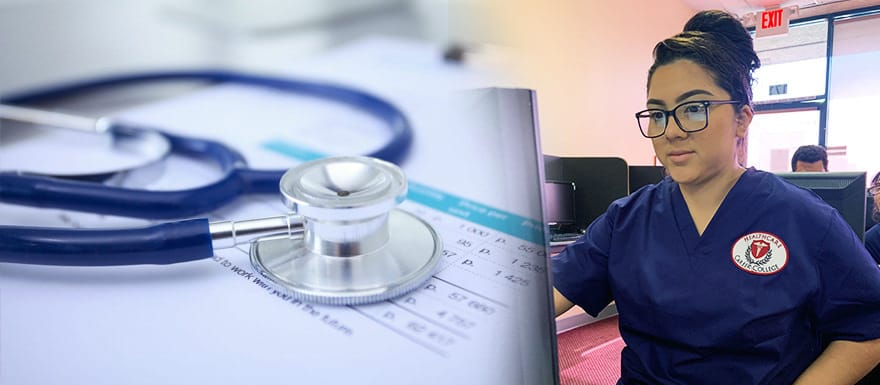 An image of a stethoscope and an image of a student working on a computer.