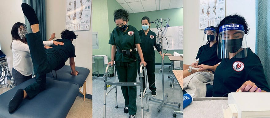 3 images of Physical Therapy Aide students practicing hands-on